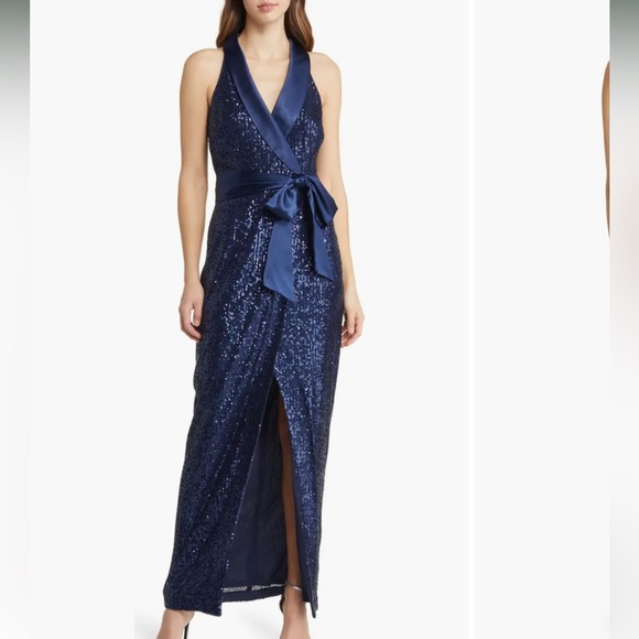 NWOT Eliza J navy sequin tuxedo gown - Picture 1 of 11